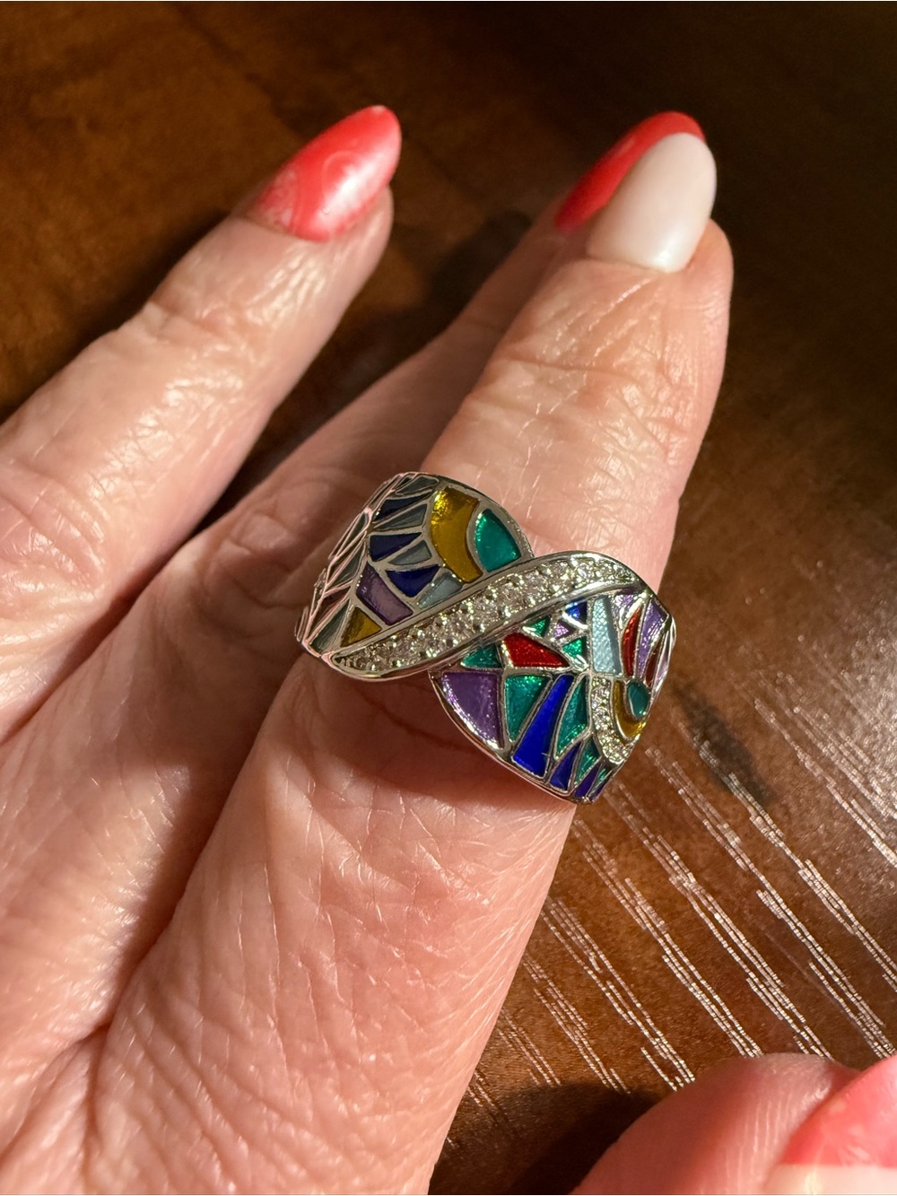 Sterling Silver Multicolor Enamel Mosaic Ring with CZ Accents - size 9 *NEW